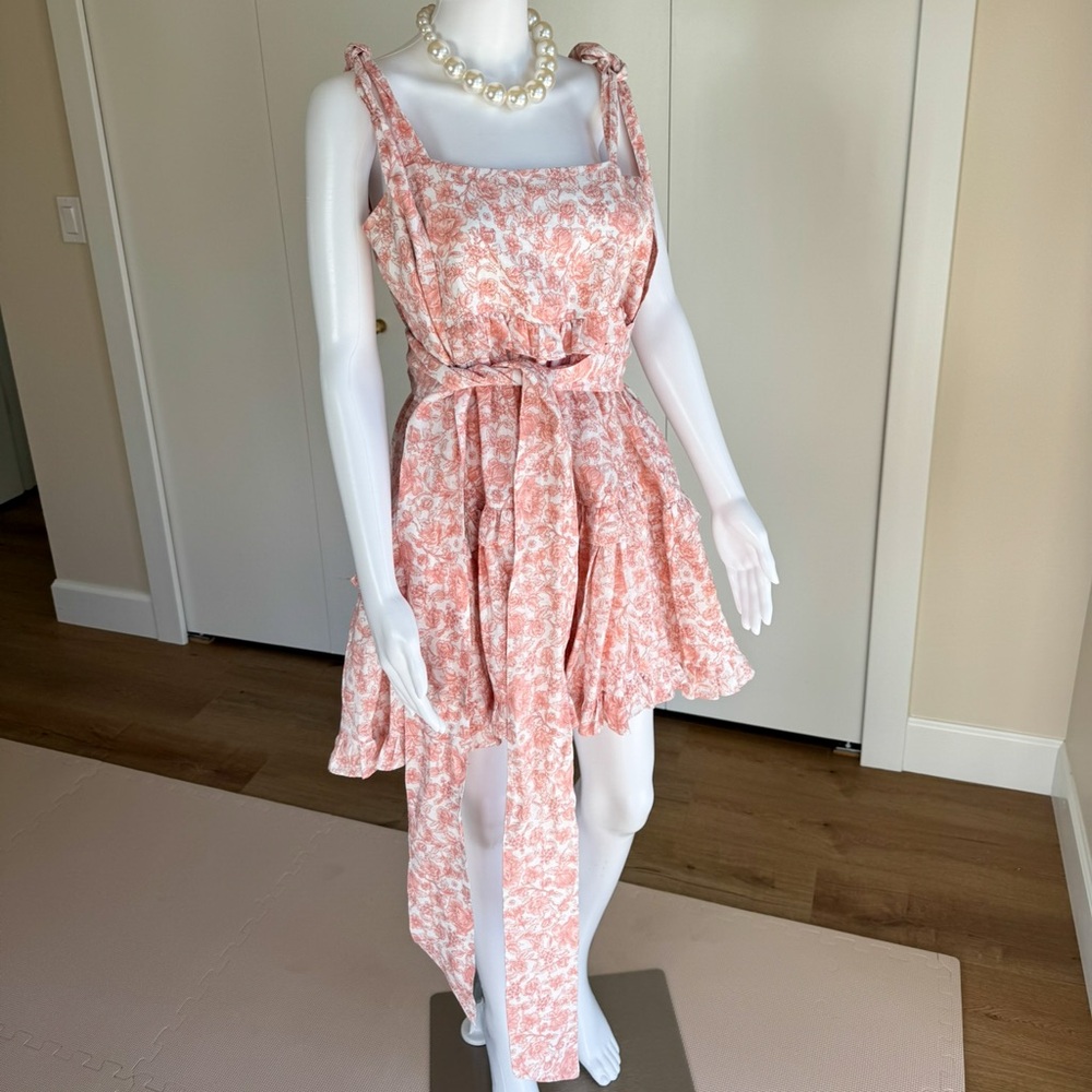 Morton Mac Elsie Linen Floral Pink Sleeveless Sun Dress with Belt